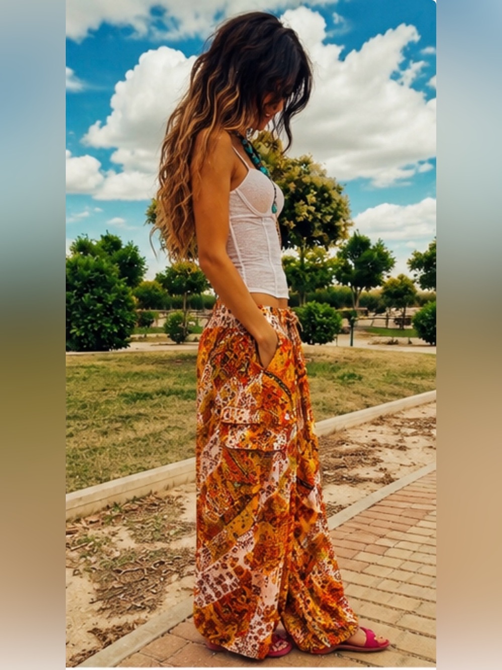 Christian Siriano Orange Floral Patchwork Wide-Leg Pants - Picture 3 of 14
